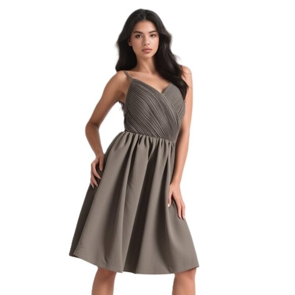 Banana Republic Taupe Gray Pleated Midi Dress – Cross Front Bodice – Size 2 - Picture 1 of 13